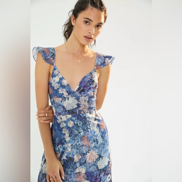 Anthropologie x Hutch Ruffled Midi Dress-  Blue Floral Print - Size 2 - Picture 5 of 10